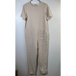 Womens COS Jumpsuit Zip Back Tan 2 Pockets Tapered Leg Lyocell Cotton Short Slee